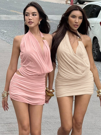 Hollow-out Deep V-neck Spliced Mesh Short Top And Slim-fit See-through Bodycon Skirt Set