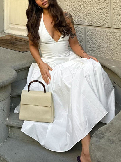 Gingham Plunge Halter Neck Fit and Flare Midi Dress