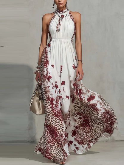 Floral Leopard Print Turtleneck Sleeveless Temperament Vacation Maxi Dresses