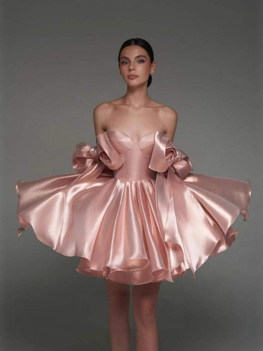 Glossy Fabric, Bow Design, Spaghetti Strap Mini Dress