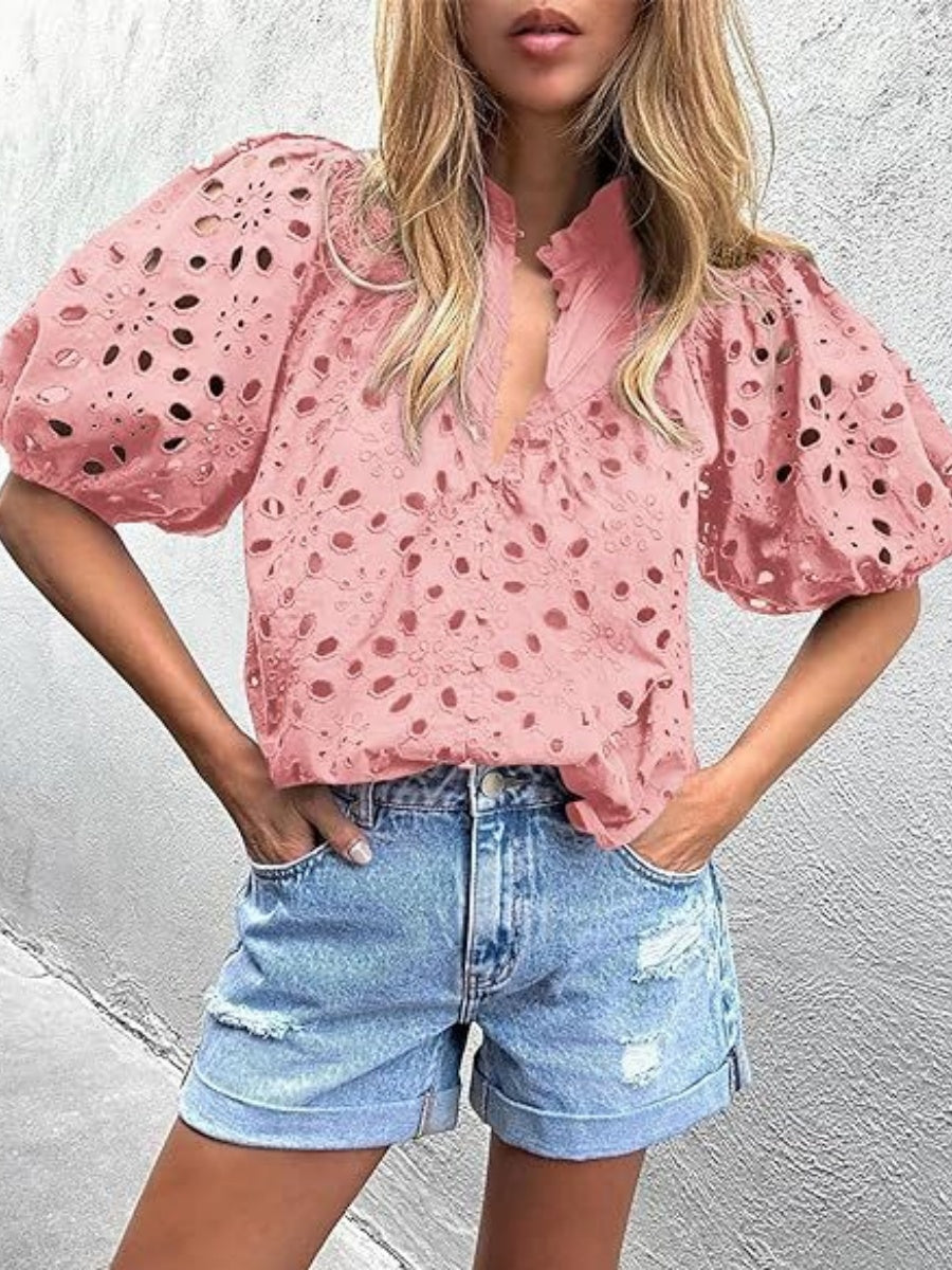 V-neck Buttons Hollow Lace Embroidery Shirts