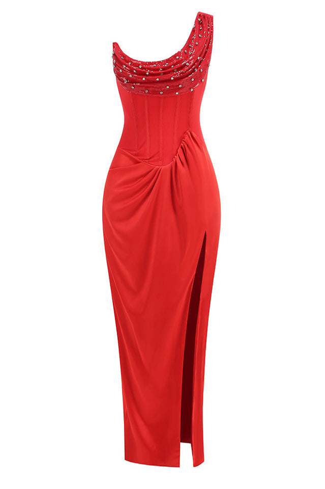 One-Shoulder Draped Sequin Pearl Embellished Side Slit Maxi Dress