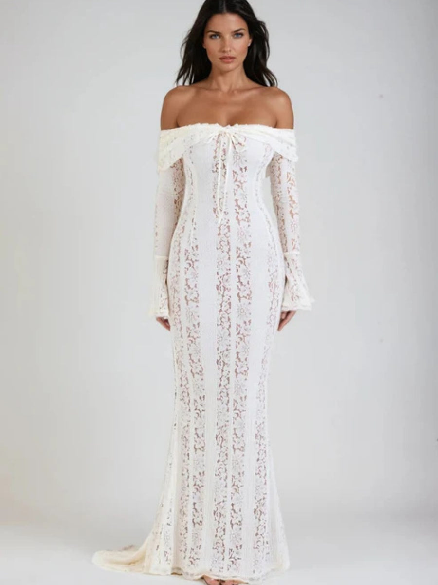 Lace Hollow Off Shoulder Flared Sleeves Hip-hugging Maxi Dresses