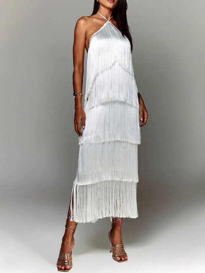 Halter Tassel Backless Cross Maxi Dresses