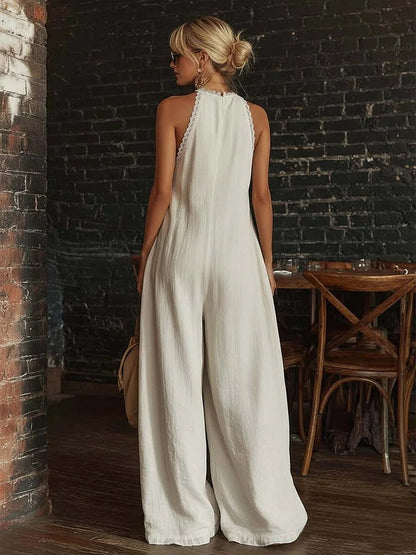 Elegant And Comfortable Lace-trimmed Loose Linen Jumpsuit