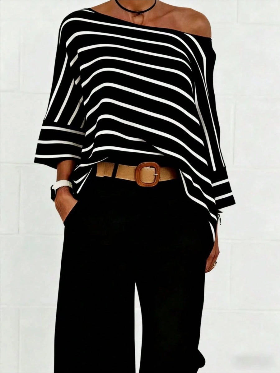 Off-shoulder Sloping Shoulders Loose-fit Stripes Commuting T-shirts