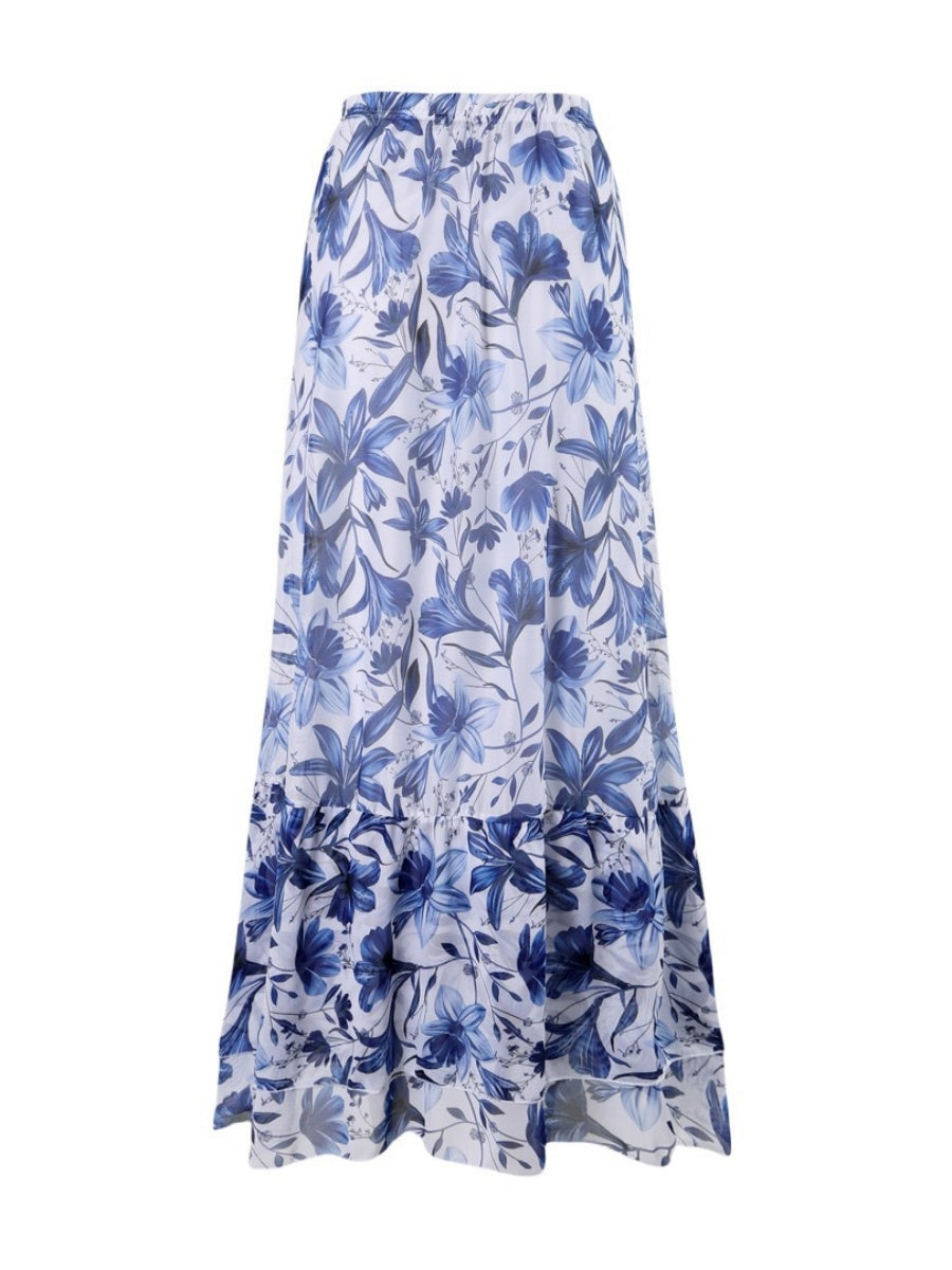 Blue And White Porcelain Print One-piece Slimming And Figure-flattering Long Swimsuit And Sun Protection Dress Two-piece Set