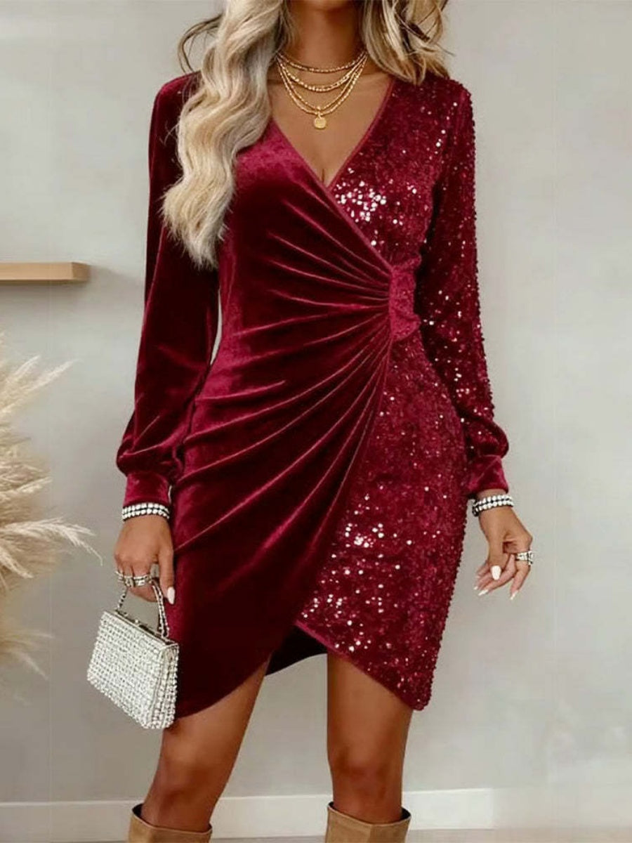 V-neck Sequin Velvet Splicing Slim Fit Mini&Short Dresses