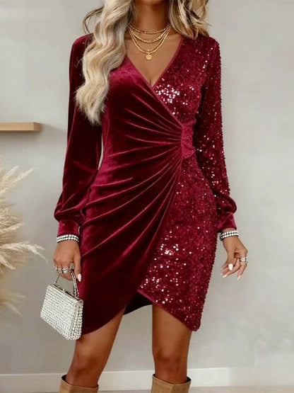 V-neck Sequin Velvet Splicing Slim Fit Mini&Short Dresses