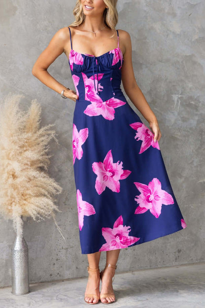 Floral Print Spaghetti Strap Backless Tie-up Elegant Slim-fit Midi Dress