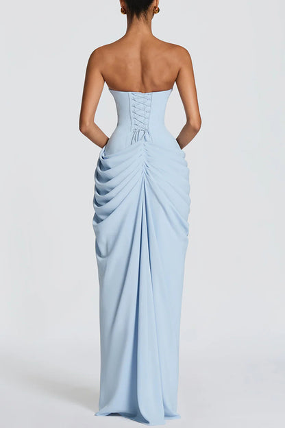 Cyra Back Lace-up Asymmetrical Pleats Strapless Slit Maxi Dress