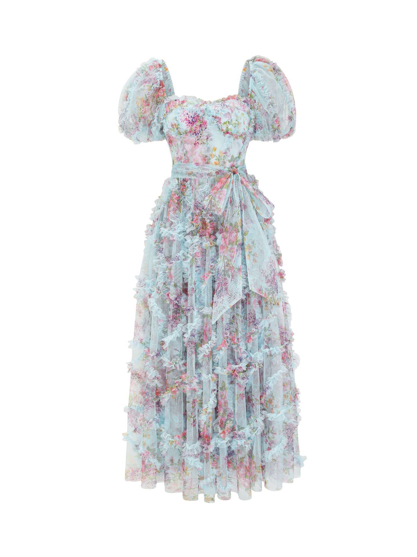 Floral Dress Floral Print Puff Sleeves Belted Sweet Party Prom Maxi Dresses