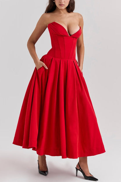 Strapless Corset Sweetheart Neckline Pleated Full Skirt Midi Dress