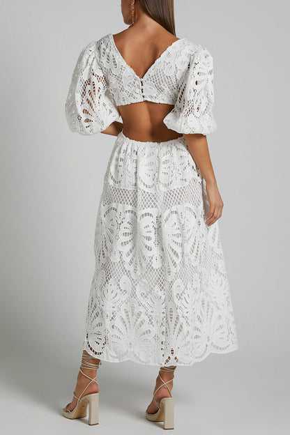 V-neck Lace Embroidery Hollow Waist Dress