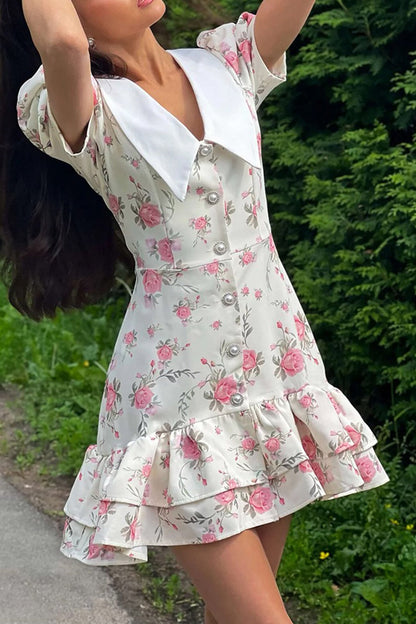 V-Neck Puff Sleeve A-line Ruffle Mini Dress