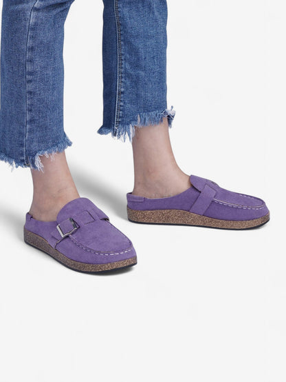 Jada Slip-On Mules | Faux Suede Clogs with Buckle Detail