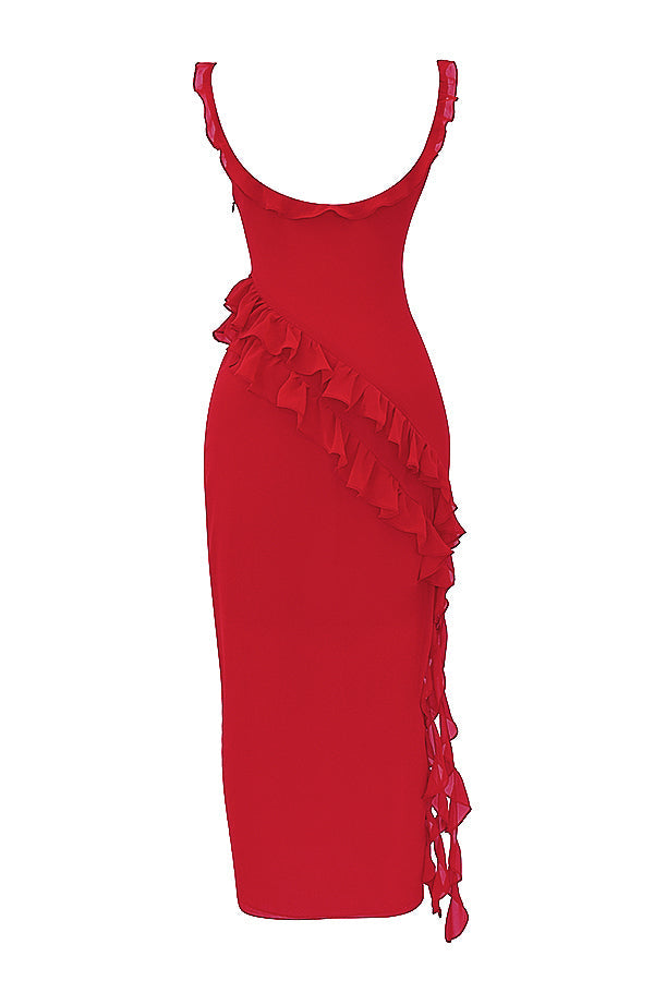Square Neck Cap Sleeve Cascading Ruffle Trim High Slit Maxi Gown