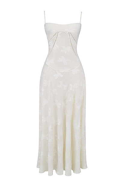 Floral Jacquard Spaghetti Strap Lace Up Corset Back Fit and Flare Maxi Dress