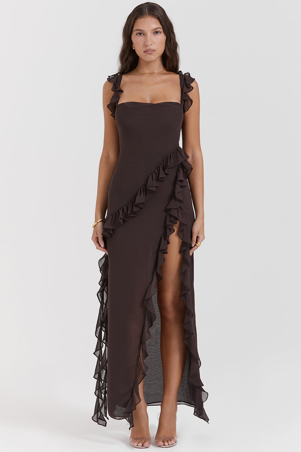 Square Neck Cap Sleeve Cascading Ruffle Trim High Slit Maxi Gown