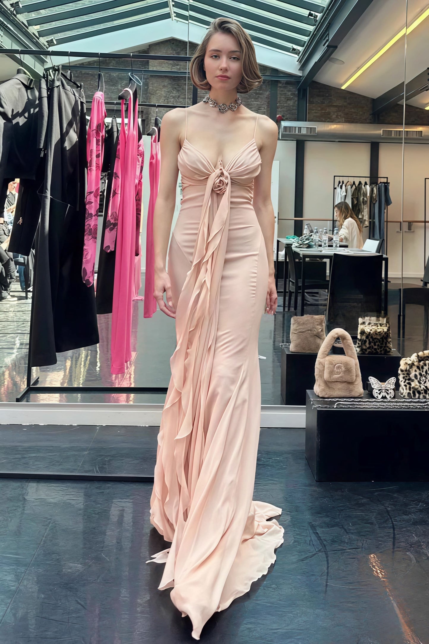 | 3D Rose Flowy Spaghetti Strap Backless Maxi Dress