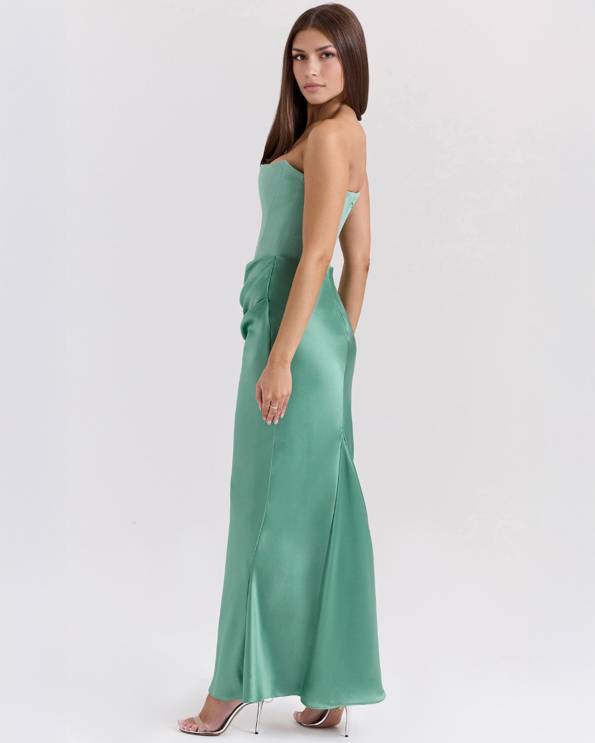 Strapless Pointed Sweetheart Corset Bodice Draped Hip Column Maxi Gown