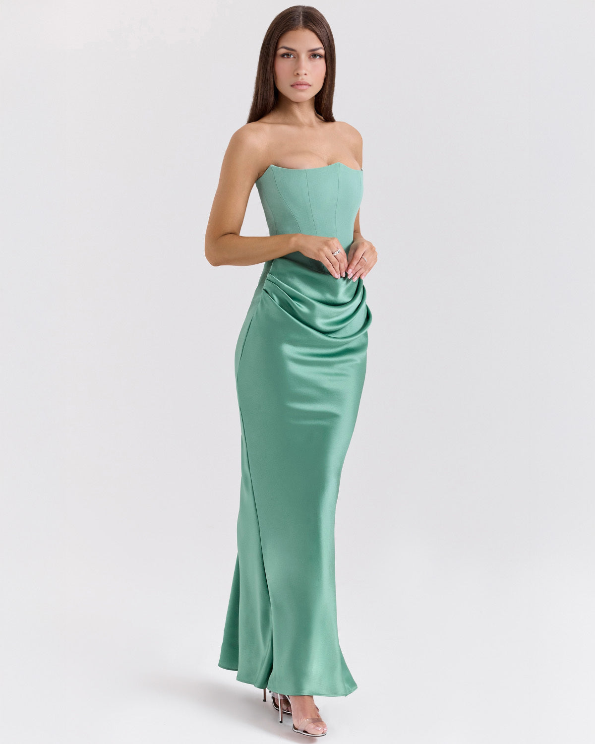Strapless Pointed Sweetheart Corset Bodice Draped Hip Column Maxi Gown