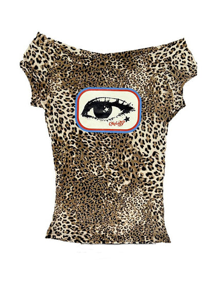 One Shoulder Leopard Print Short Sleeve Tee