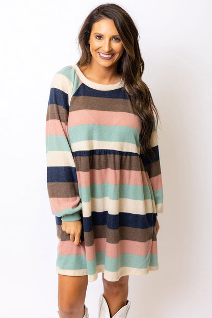 Multicolor Striped Color Block Long Sleeve Mini Dress
