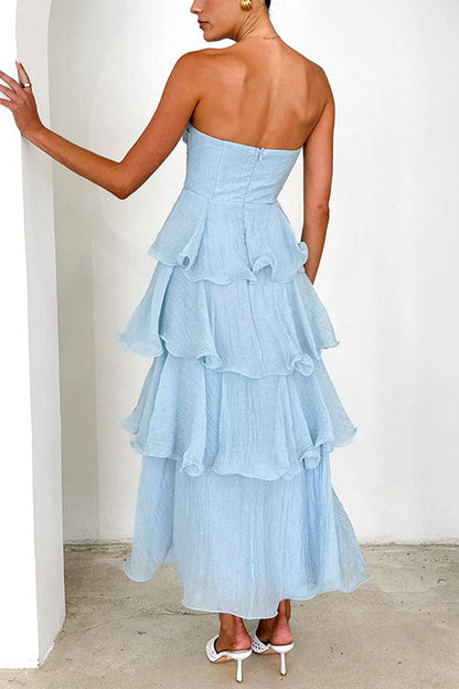 Strapless Empire Waist Ruffle Layered Maxi Dress
