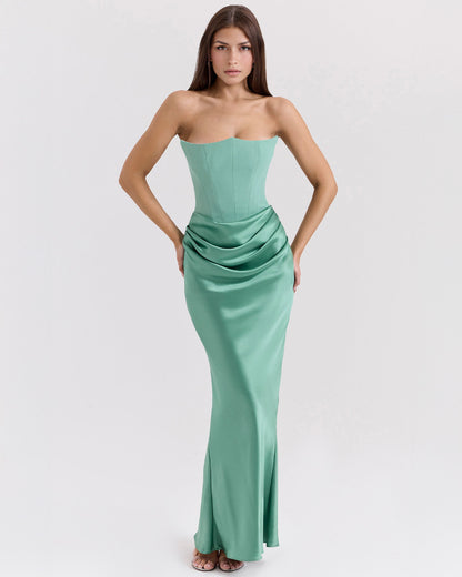 Strapless Pointed Sweetheart Corset Bodice Draped Hip Column Maxi Gown