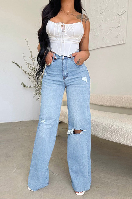 High-Waisted Ripped Wide-Leg Frayed Denim Jeans