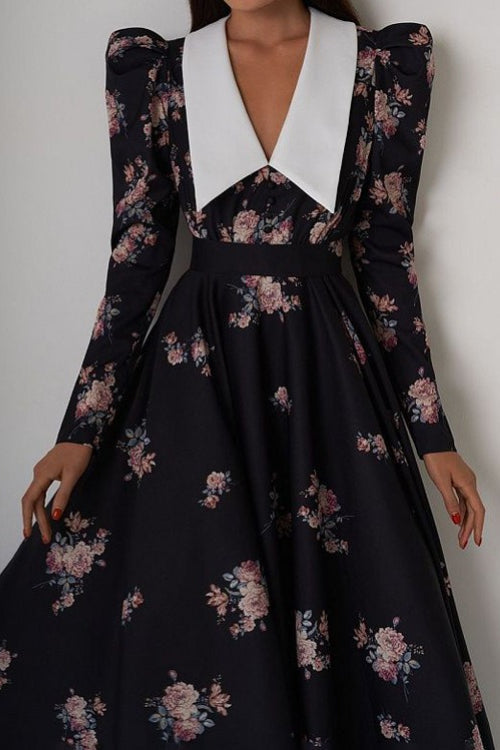 Pointed Collar Puff Shoulder Long Sleeve Cinched Waist Floral Midi Dress