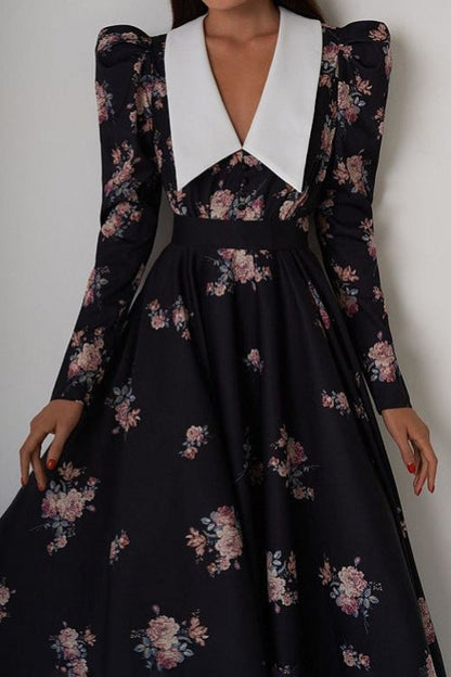 Pointed Collar Puff Shoulder Long Sleeve Cinched Waist Floral Midi Dress