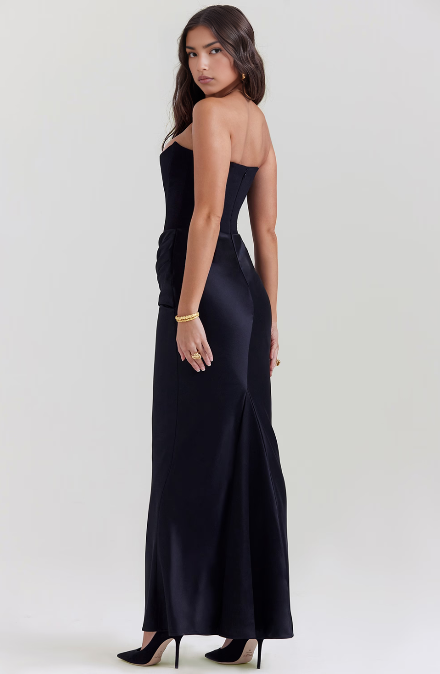 Strapless Corset Bodice Draped Ruched Satin Maxi Gown