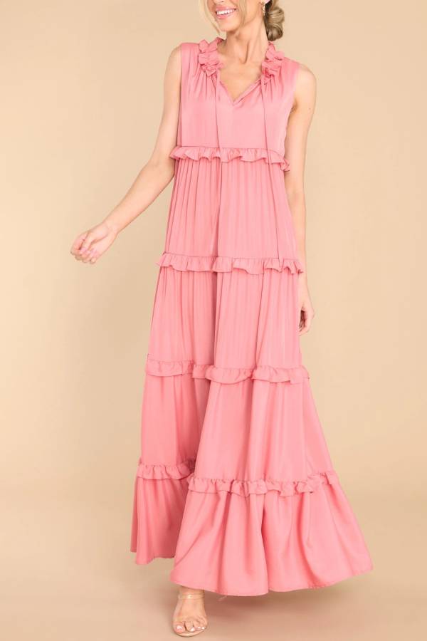 Ruffle Collar V-Neck Tie Strap Tiered Floor-Length Maxi Dress