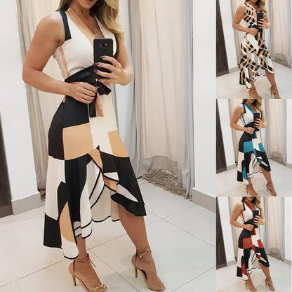 Geometric Print Surplice Wrap Tie Waist Asymmetrical Ruffle Hem Midi Dress
