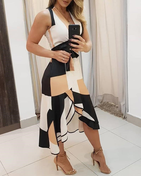 Geometric Print Surplice Wrap Tie Waist Asymmetrical Ruffle Hem Midi Dress