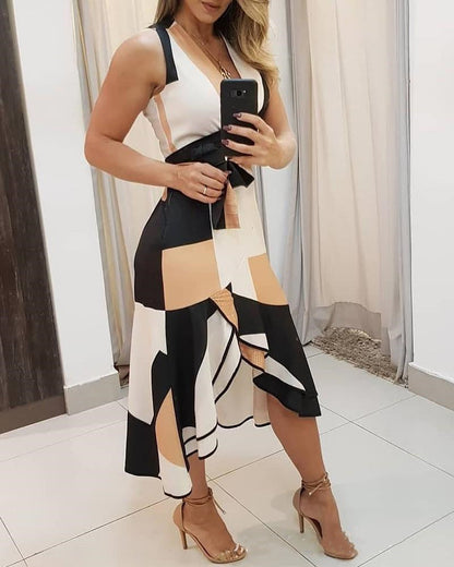 Geometric Print Surplice Wrap Tie Waist Asymmetrical Ruffle Hem Midi Dress