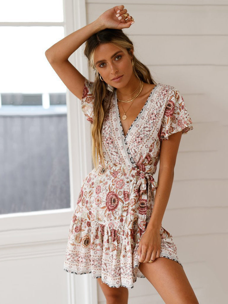 Floral Summer Dresses V Neck Short Sleeve Shaping Mini Dress