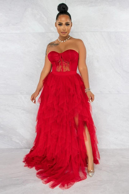 Lace Corset Sweetheart Strapless Tiered Tulle High Slit Maxi Skirt Set