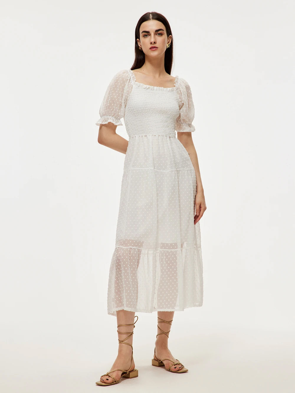 Summer Midi Dress White Square Neck Chiffon Beach Dress
