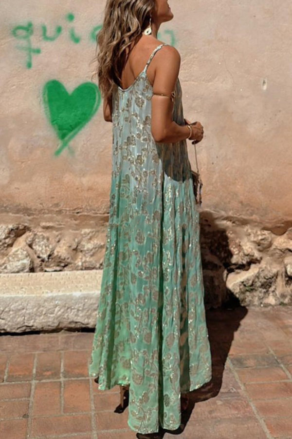 TIE DYE GRADIENT GOLDEN FLOWER PRINT POCKETED A-LINE SLIP MAXI DRESS