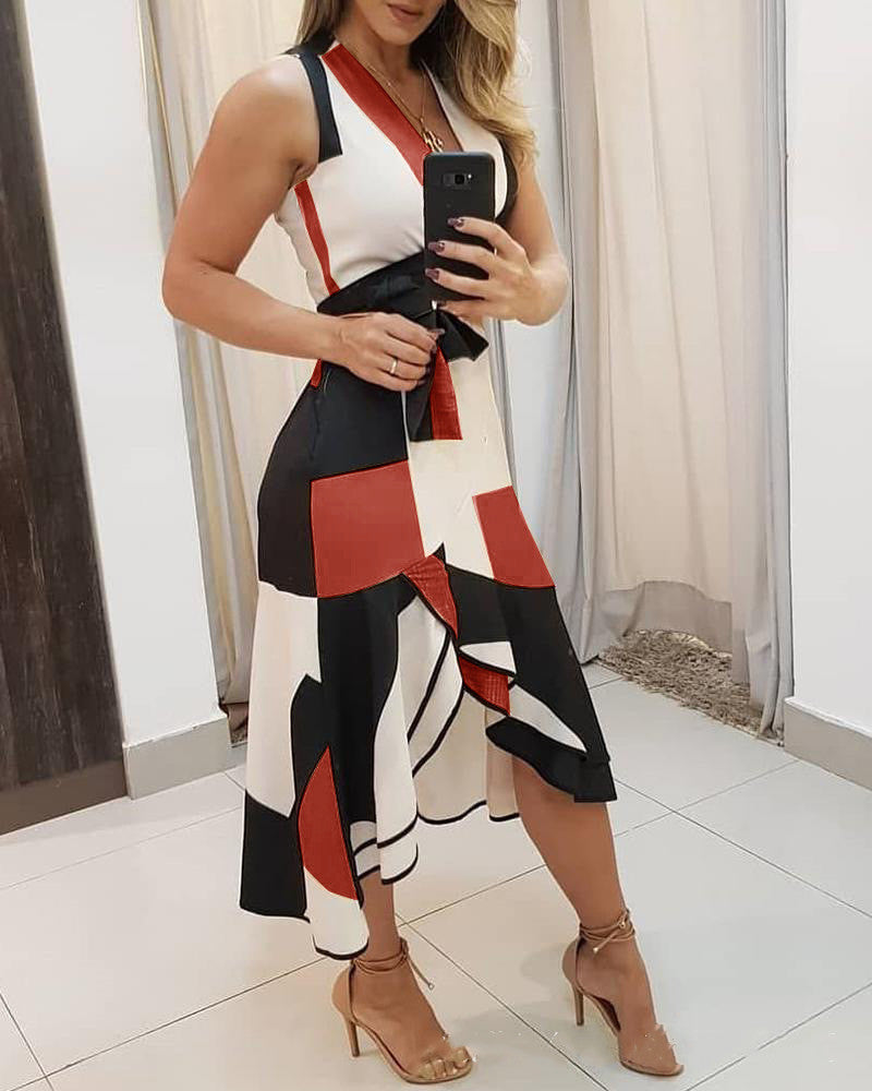 Geometric Print Surplice Wrap Tie Waist Asymmetrical Ruffle Hem Midi Dress