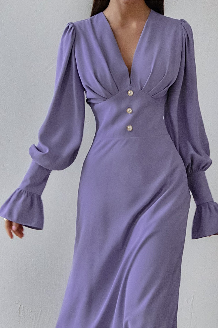 | Lantern Sleeve V-Neck Bodycon Maxi Dress