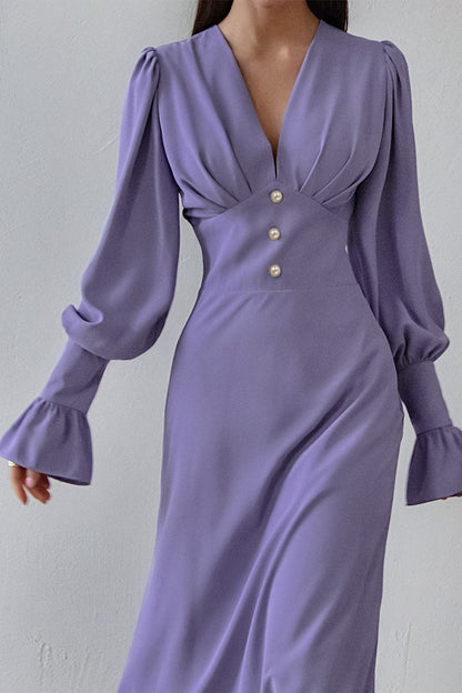 | Lantern Sleeve V-Neck Bodycon Maxi Dress