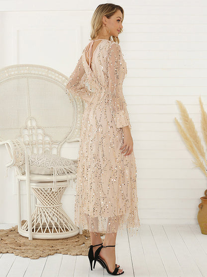 Party Dresses Sequins Backless V-Neck Long Sleeves Lace Up Midi Dress