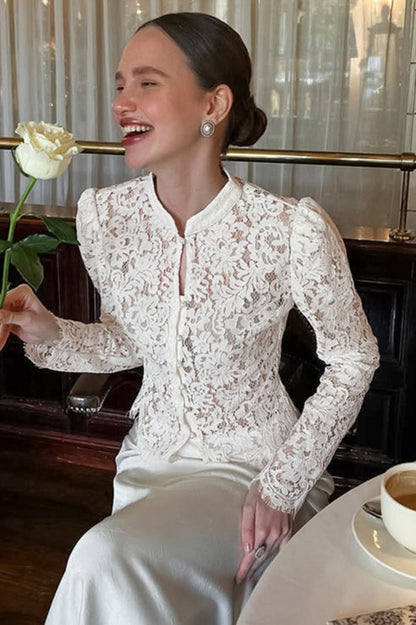 Lace Hollow Out Puff Sleeve Knit Blouse