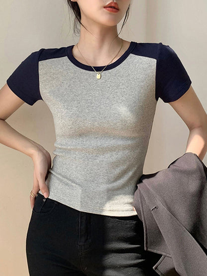 Contrast Color Stitching Crewneck Short Sleeve Knits