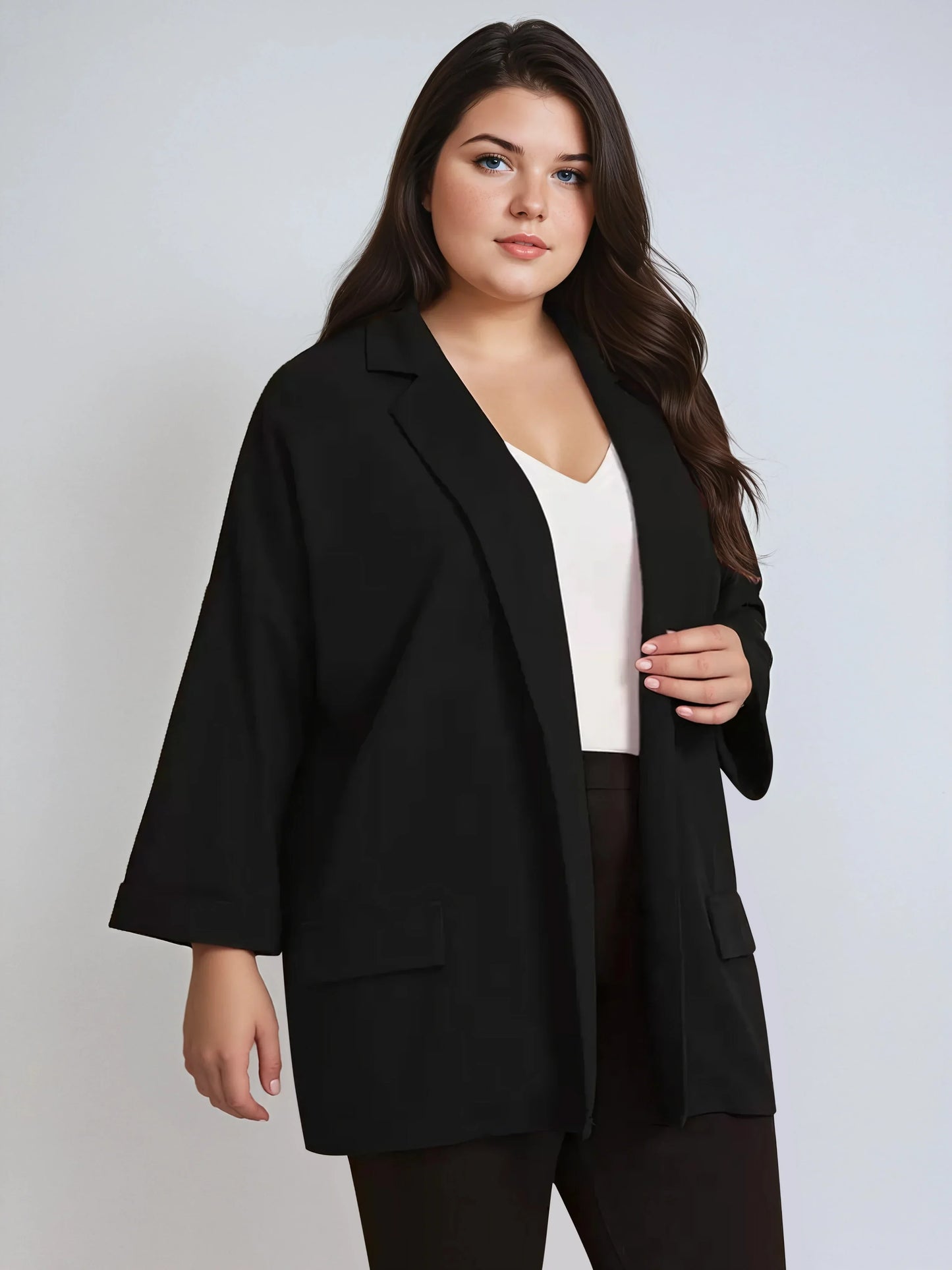 Plus Size Black Drop Shoulder Blazer With Cuffed Sleeves