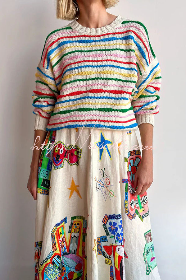 Miami Happy Hour Linen Blend Unique Print Smocked Back Pocketed Midi Dress